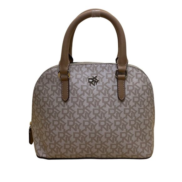 Dkny Women’s Grey Coated Canvas Monogram Dome With Crossbody Strap Clutch Bag - Picture 1 of 11